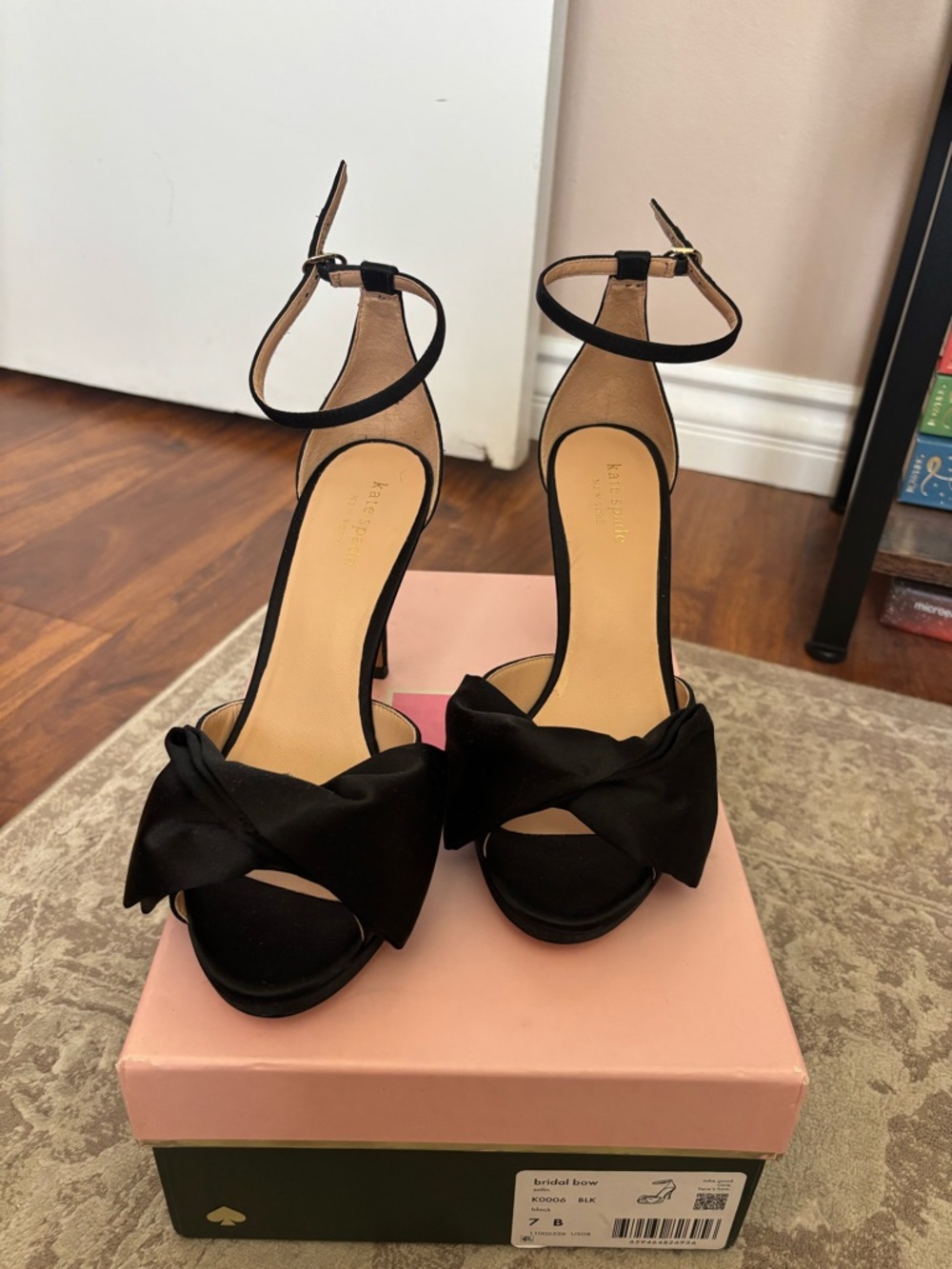 kate spade Black Satin Bow Ankle-Strap Heels
